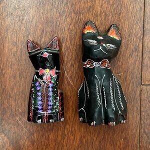 Vintage Wood Folkart Handcrafted Black Cat Figurines, Set of Two